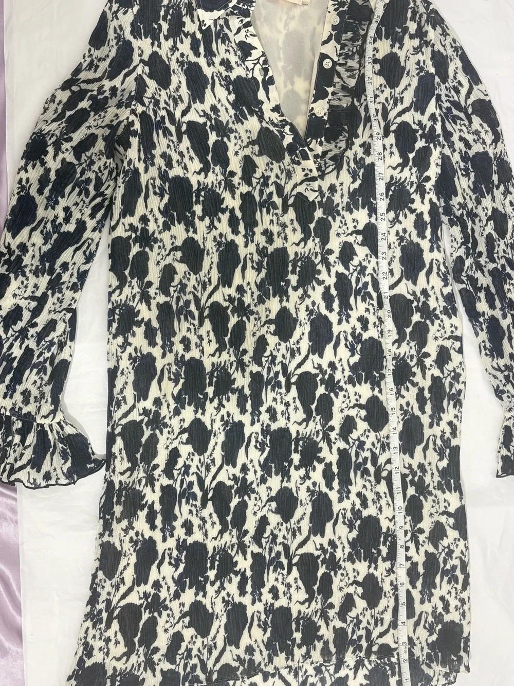 Tory Burch Navy and White Floral Long-Sleeve Shift Dress